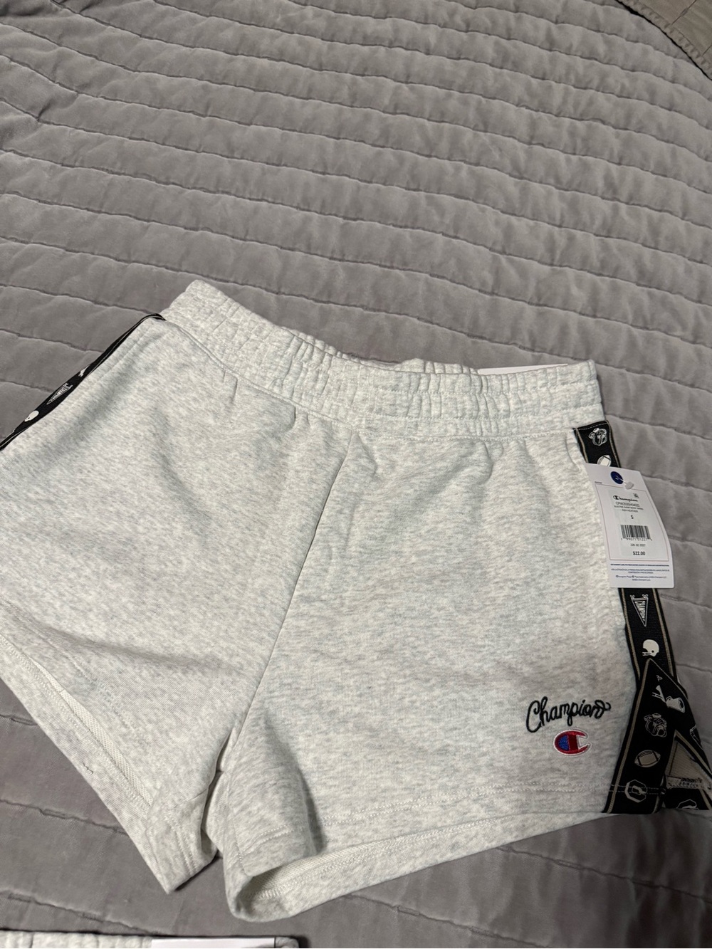 Women Champion Gray Athletic Shorts with Black Trim and Pine Grove